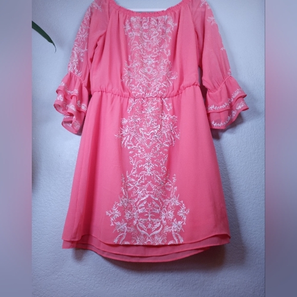 White House Black Market Gold Metallic Embroidered Coral Boho Off Shoulder Dress - Picture 7 of 9